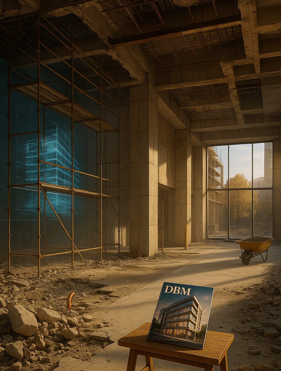 Industrial office interior undergoing structural demolition with exposed framework and debris