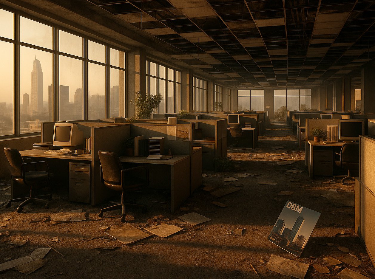 Abandoned industrial office with deteriorated workstations and dramatic overhead lighting
