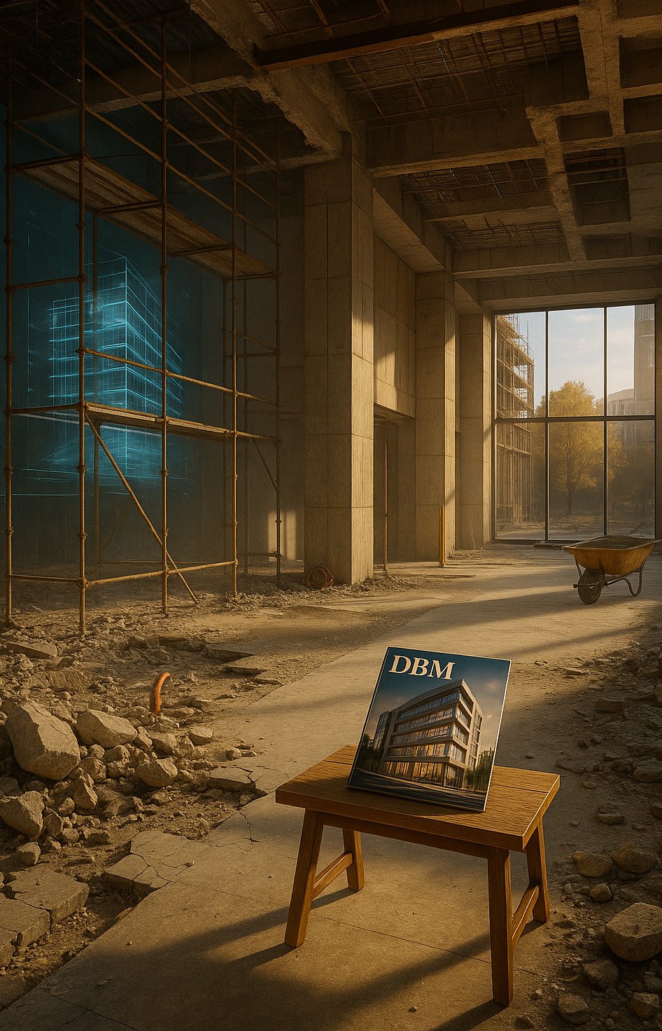 Decaying industrial office space with fragmented blue holographic displays and deteriorated surfaces