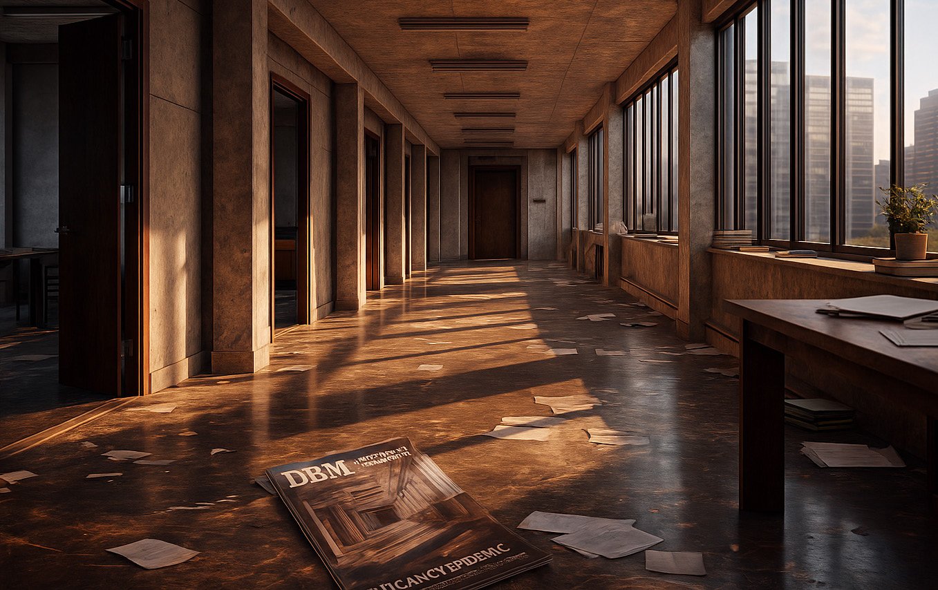 Renovated executive corridor with warm modern finishes, restored materials, and renewed architectural clarity