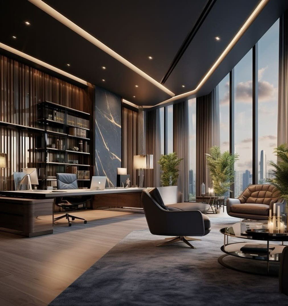 Executive boardroom with monolithic table, deep shelving, and architectural lighting creating spatial power