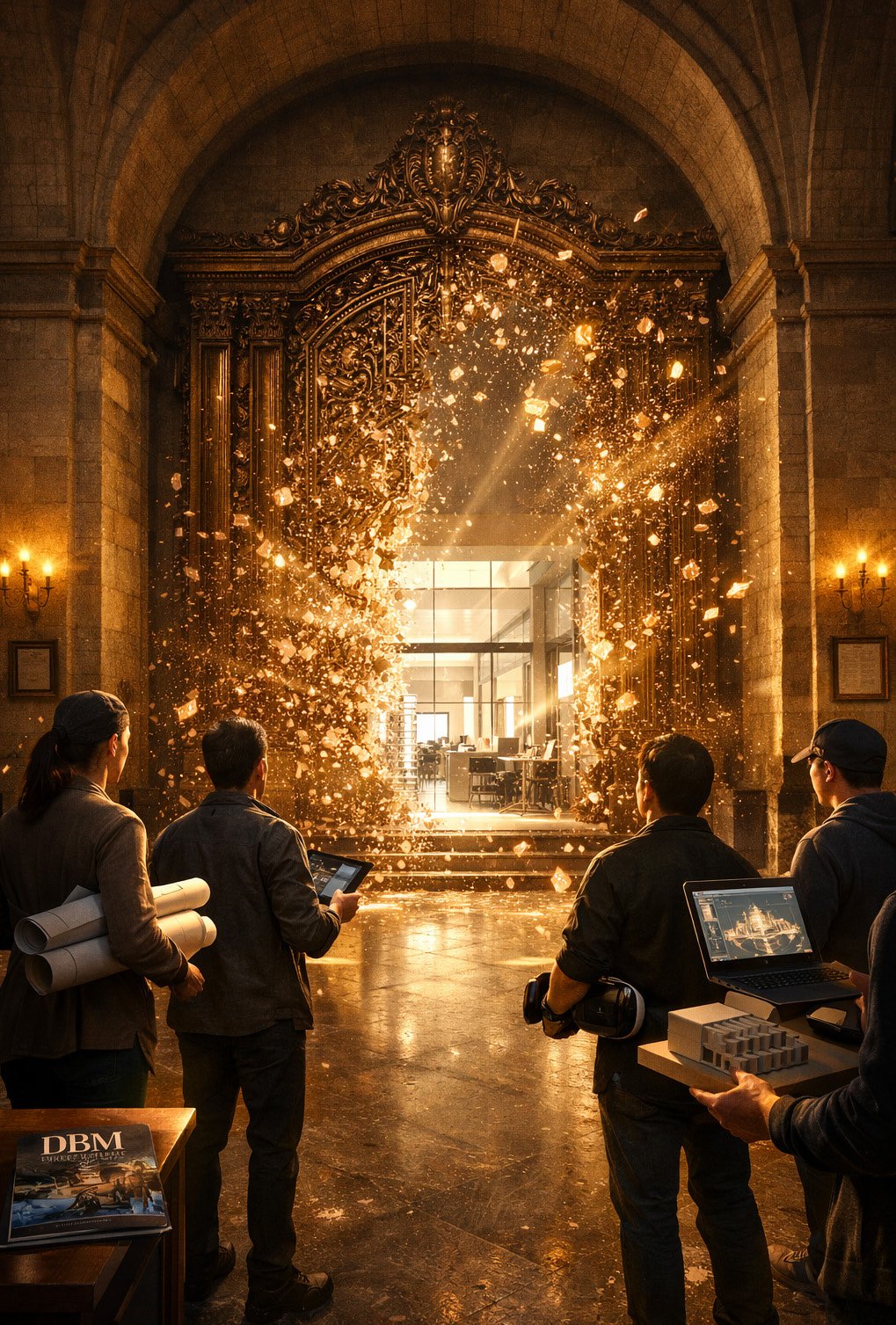 Golden portal revealing modern office with transformed spatial hierarchy