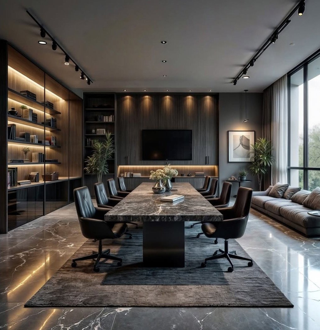Modern boardroom with darker material palette, refined executive styling, and controlled spatial atmosphere
