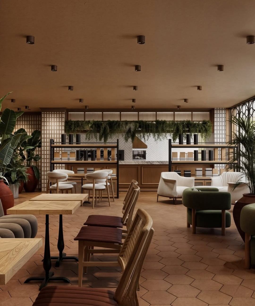 Social dining hall with open shelving, warm lighting, and hospitality-focused architectural language