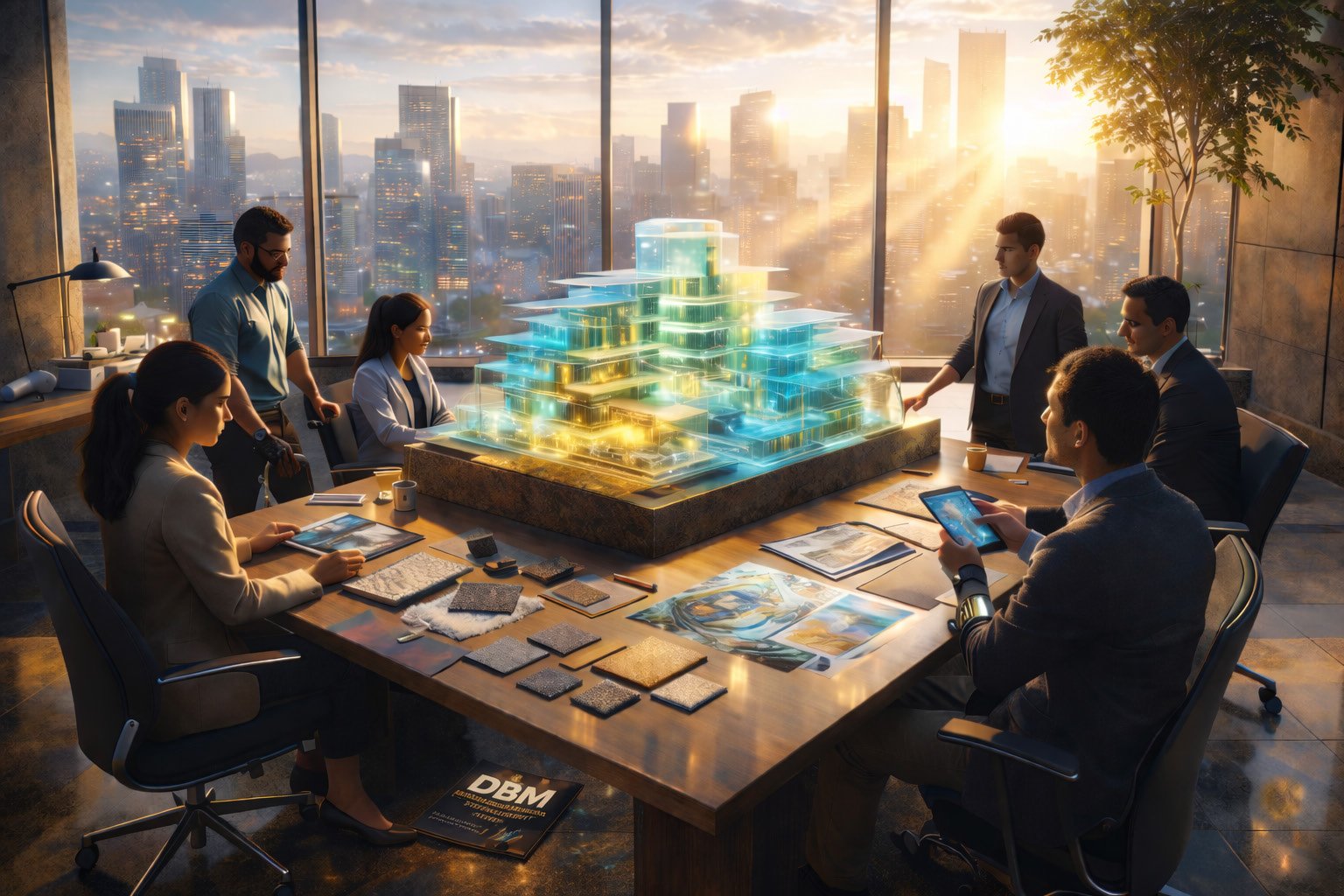 Enterprise architecture team reviewing holographic building visualization powered by Cinematic Intelligence