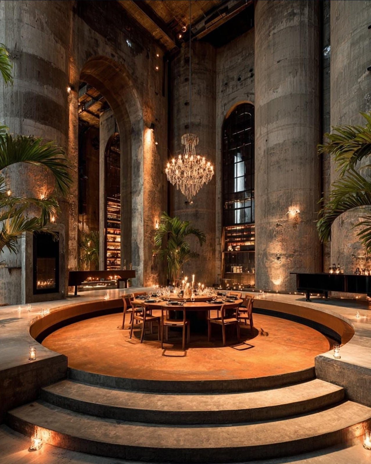 Grand chandelier-lit interior space with classical proportions and warm ambient illumination