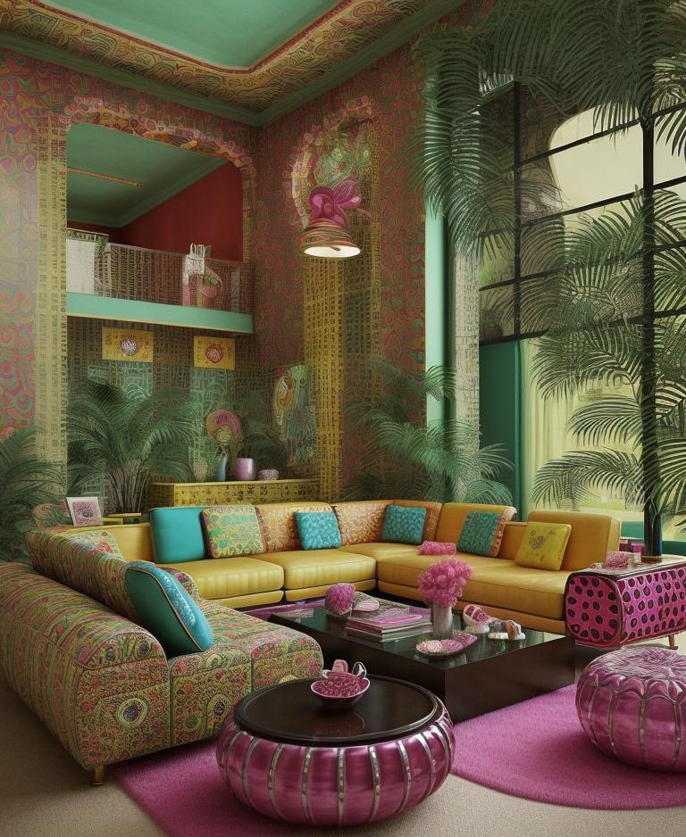 Vibrant living room with bohemian styling and lush greenery