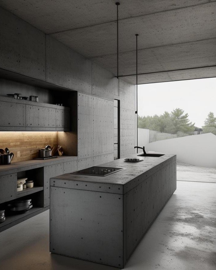 Brutalist interior with carefully calibrated lighting design