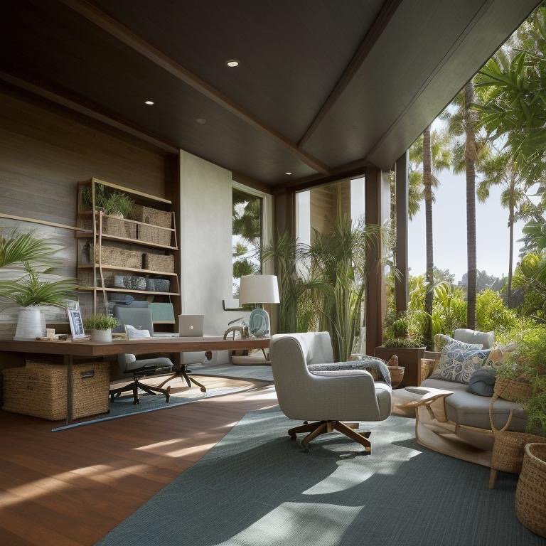 California Casual space emphasizing open geometry and natural material warmth