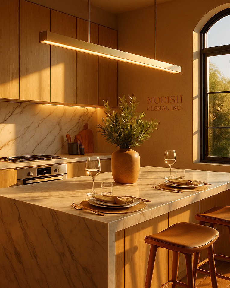 Kitchen with arched windows and warm wood cabinetry