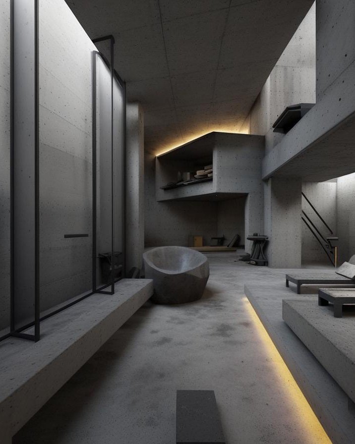 Brutalist interior perspective demonstrating evolved luxury language