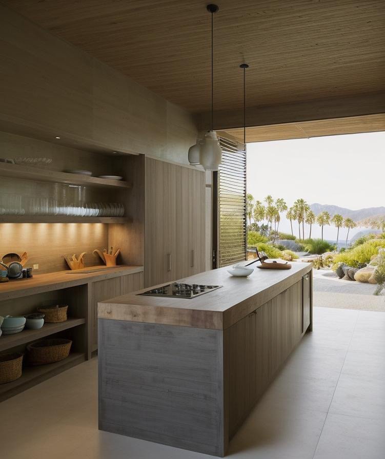 California Casual bedroom with soft natural light and curved wood ceiling