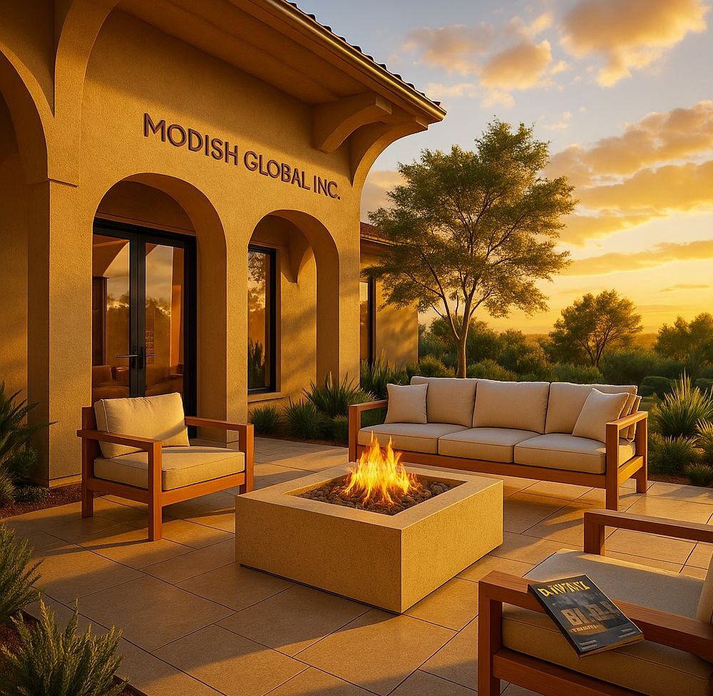 Kitchen-to-exterior view with sunset lighting and outdoor extension