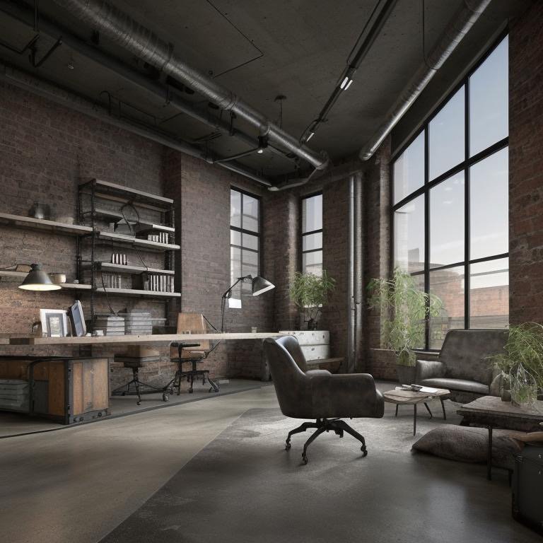 Industrial office with refined materiality and directional spatial lighting