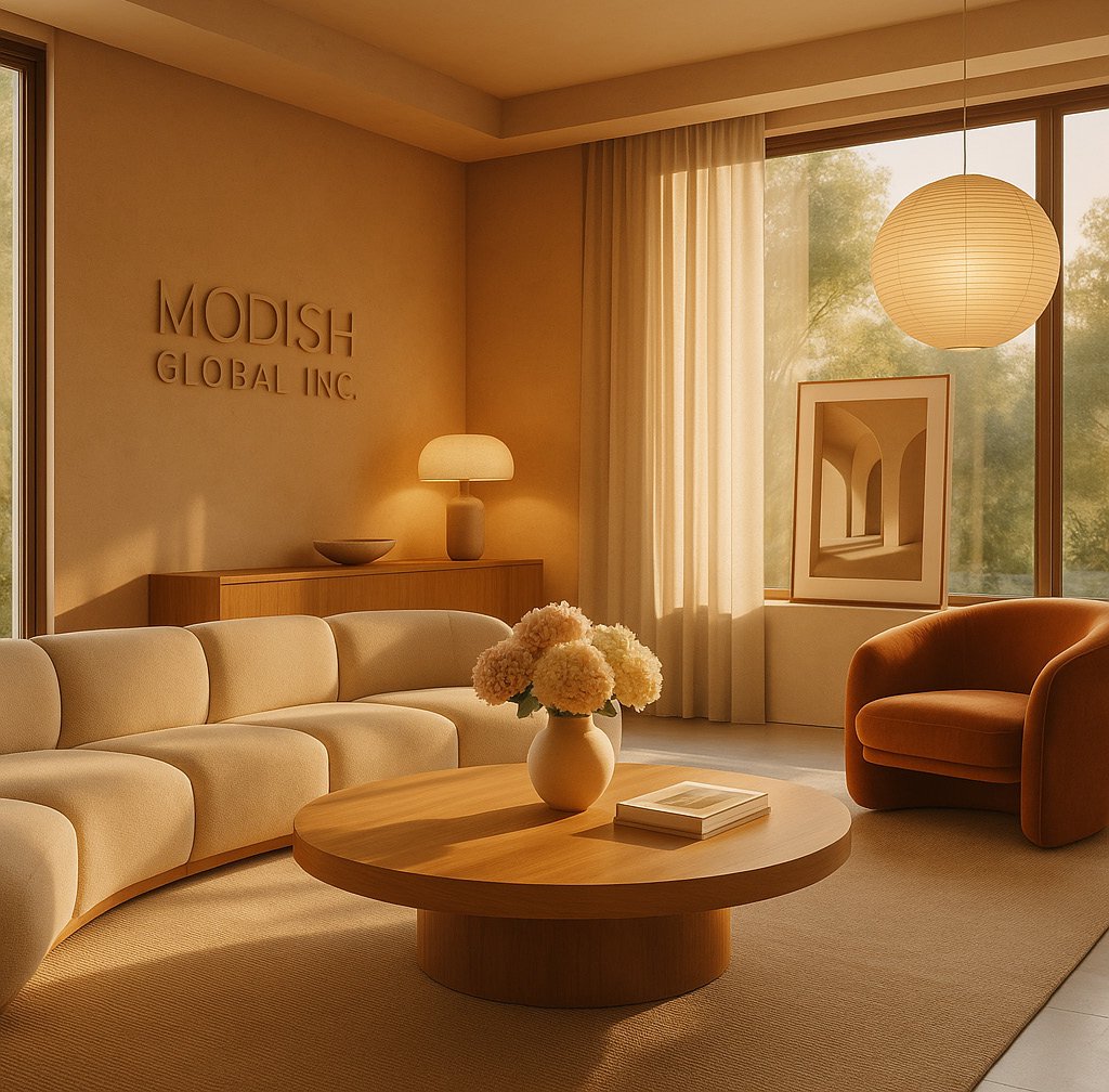 Living room with fireplace and warm evening light