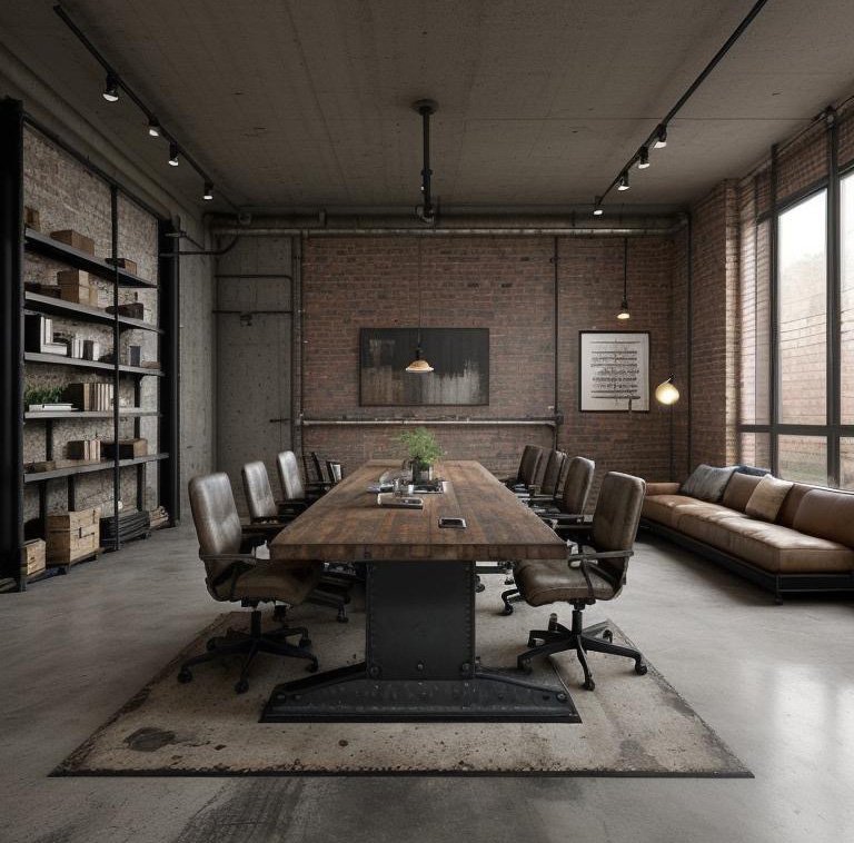Industrial-style boardroom overview with raw materials and architectural precision
