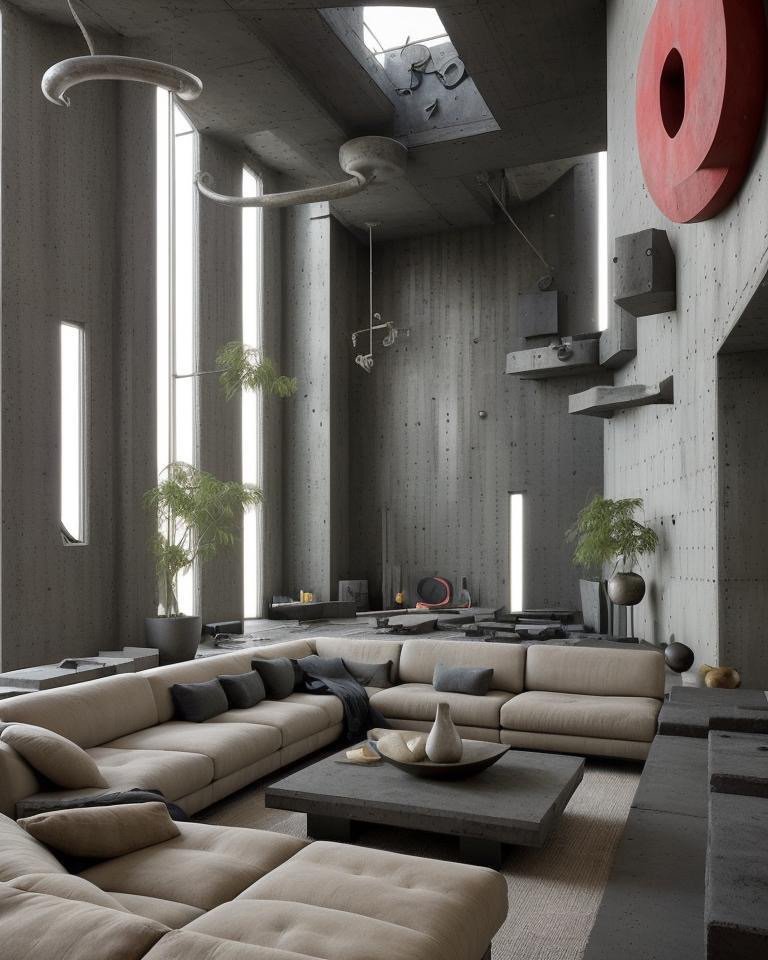 Brutalist living room with raw concrete backsplash, volumetric lighting, and austere geometric forms