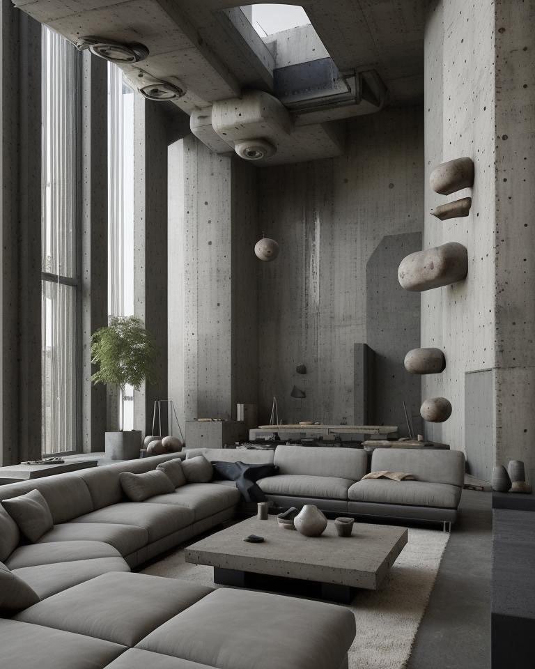 Brutalist living room redesign with raw concrete walls, monumental columns, and volumetric natural light