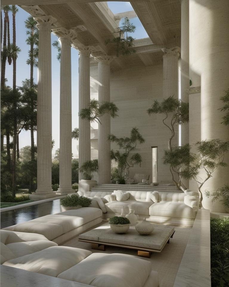 Greek Revival living room with honey-gold veined marble columns and coffered ceiling details