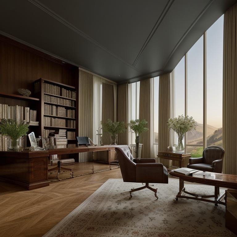 Greek Revival office showing classical proportion and warm material palette