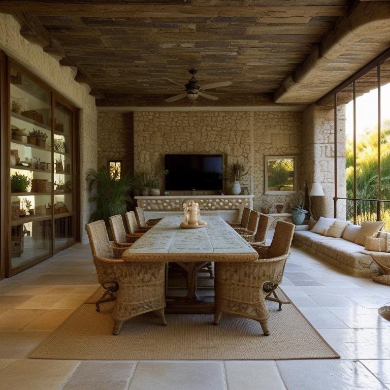 Mediterranean boardroom with warm stone, woven chairs, and terracotta accents