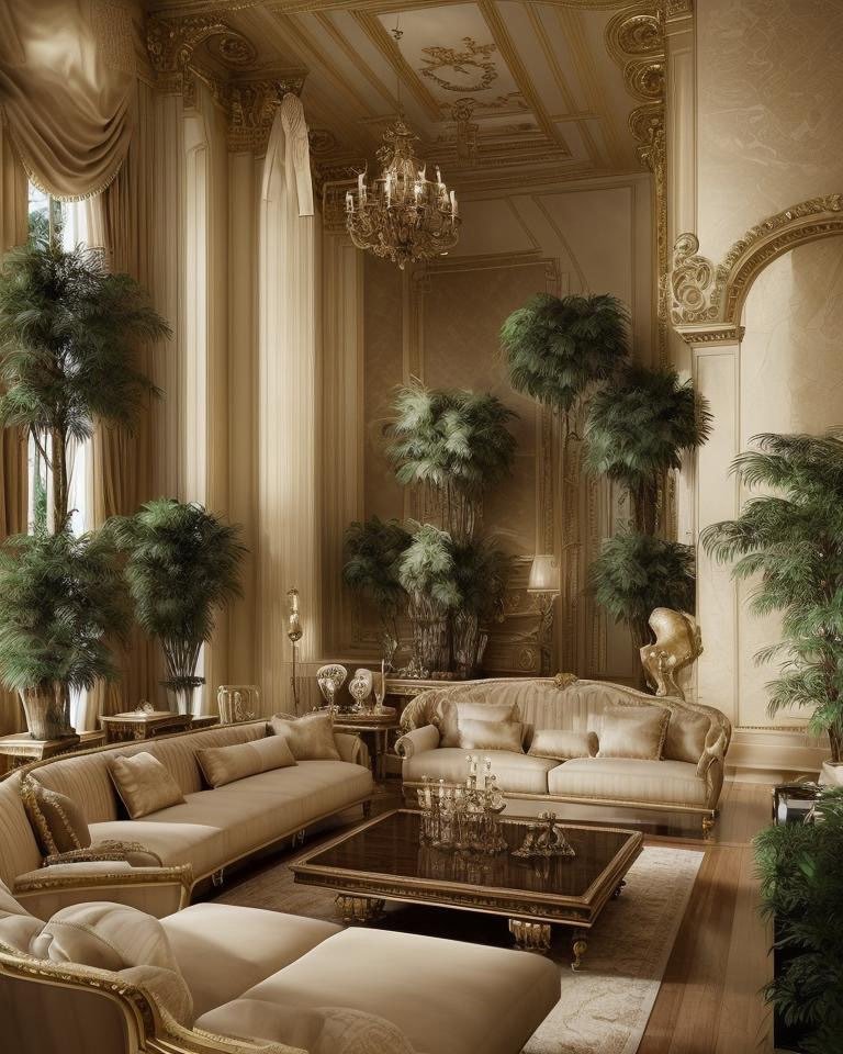 Tuscan living room redesign with ornate arched ceilings, warm chandelier lighting, and rustic stone detailing