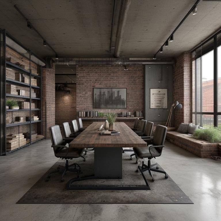 Industrial boardroom with exposed brick, steel beams, and raw materials