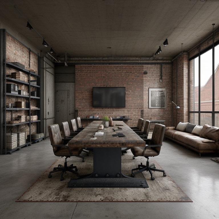 Industrial boardroom variation with darker tones and sculptural lighting