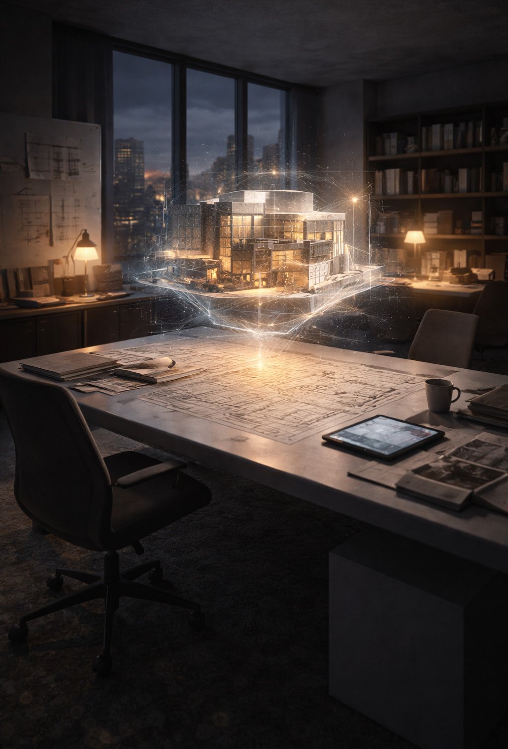 architect desk with blueprints and holographic visualization