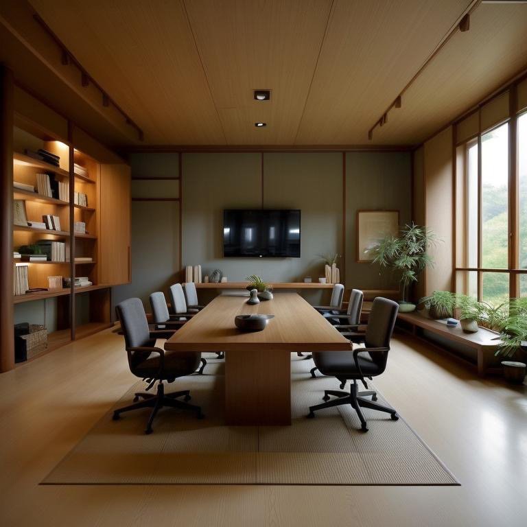 Japanese Zen boardroom variation with soft neutrals and diffused light