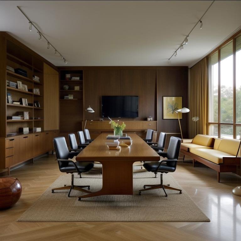 Mid-Century Modern boardroom with warm wood paneling and brass fixtures