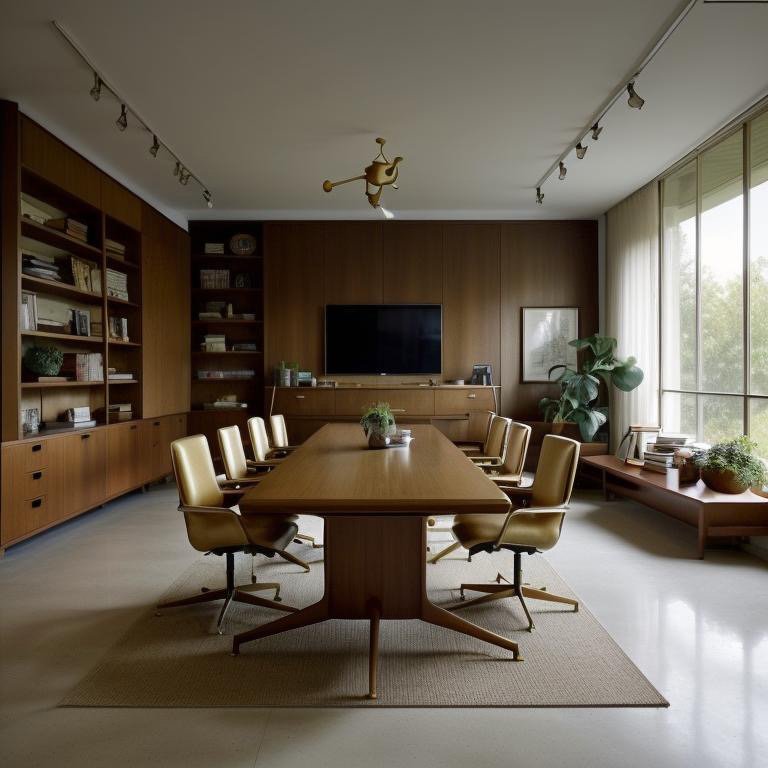 Mid-Century Modern boardroom with structured warmth and evening brass tones