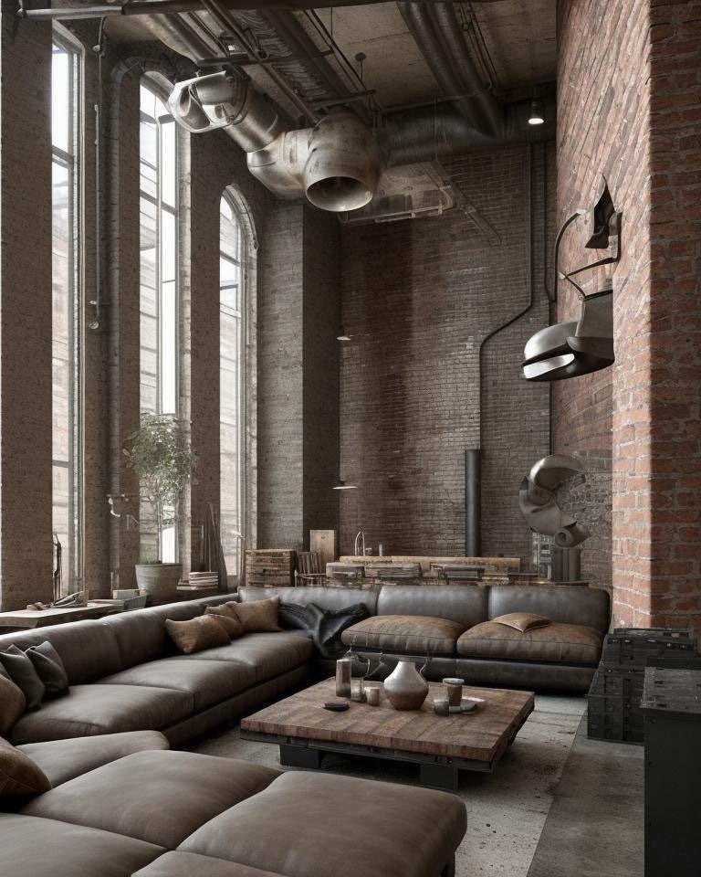 Industrial backsplash design with raw concrete, exposed steel framework, and minimalist warehouse aesthetic