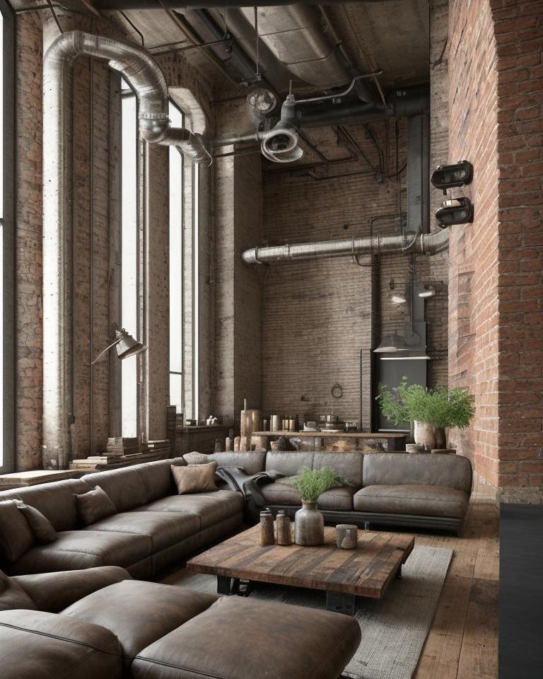 Industrial living room redesign with exposed steel framework, raw concrete surfaces, and warehouse aesthetic