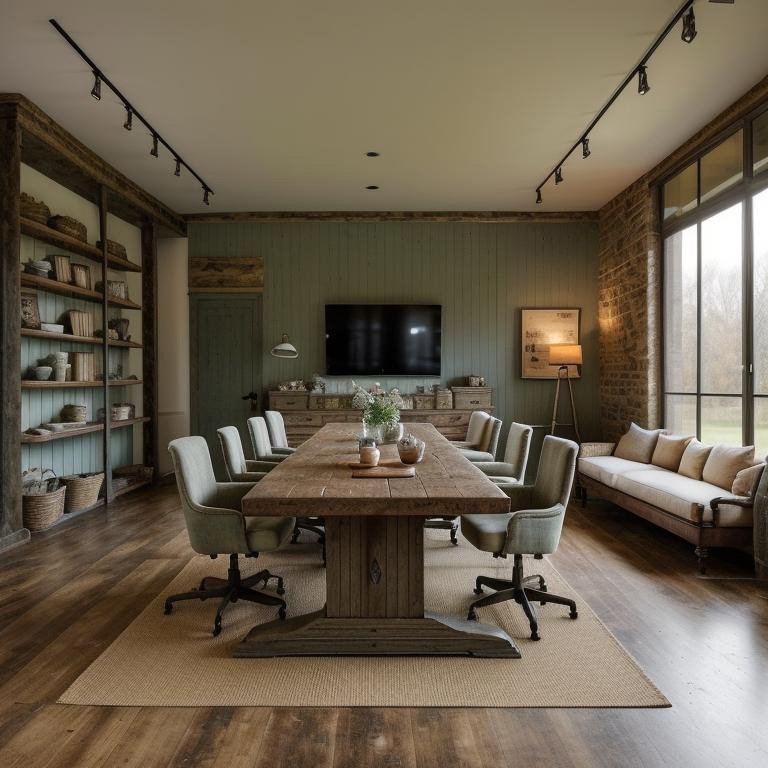 Farmhouse Modern boardroom with warm woods and natural fiber textures