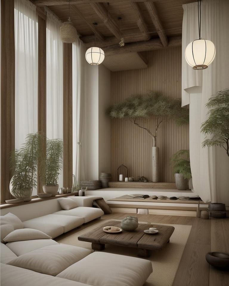 Japandi backsplash design with light wood surfaces, paper lanterns, and organic minimalist aesthetic