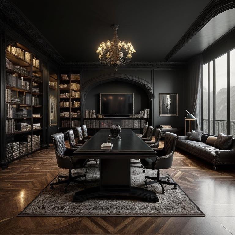 Gothic Revival boardroom with dramatic lighting and dark sculptural surfaces