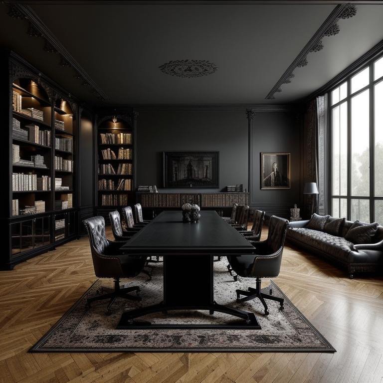 Gothic Revival with obsidian surfaces and muted brass architectural details