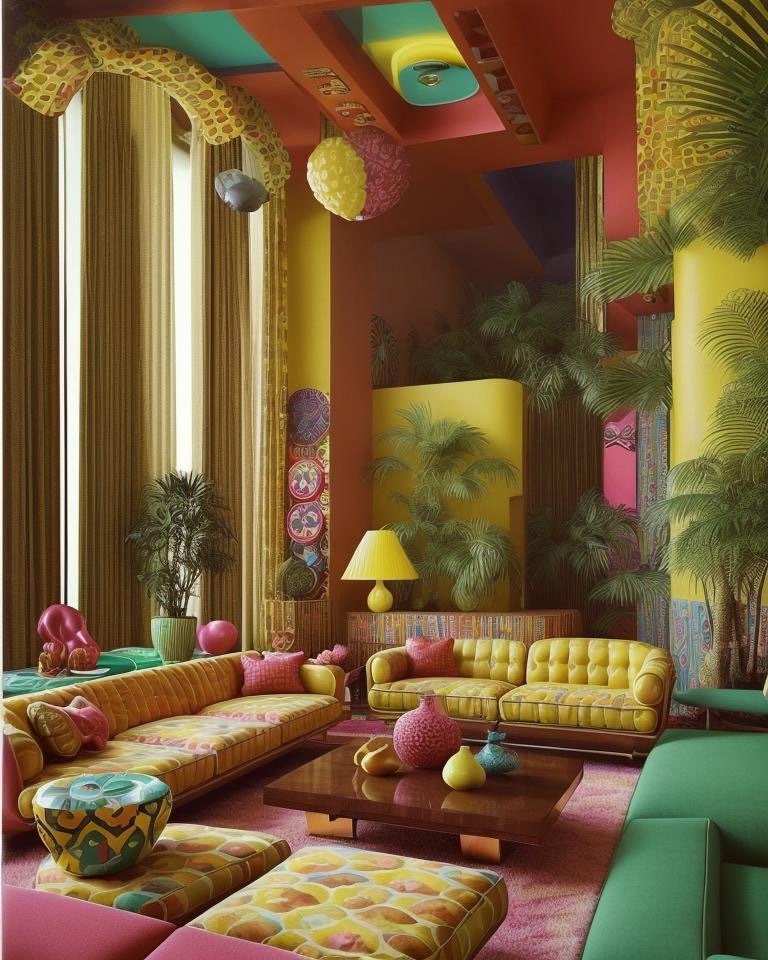 Retro backsplash design with bold geometric patterns, mirrored mosaic tiles, vibrant color palette