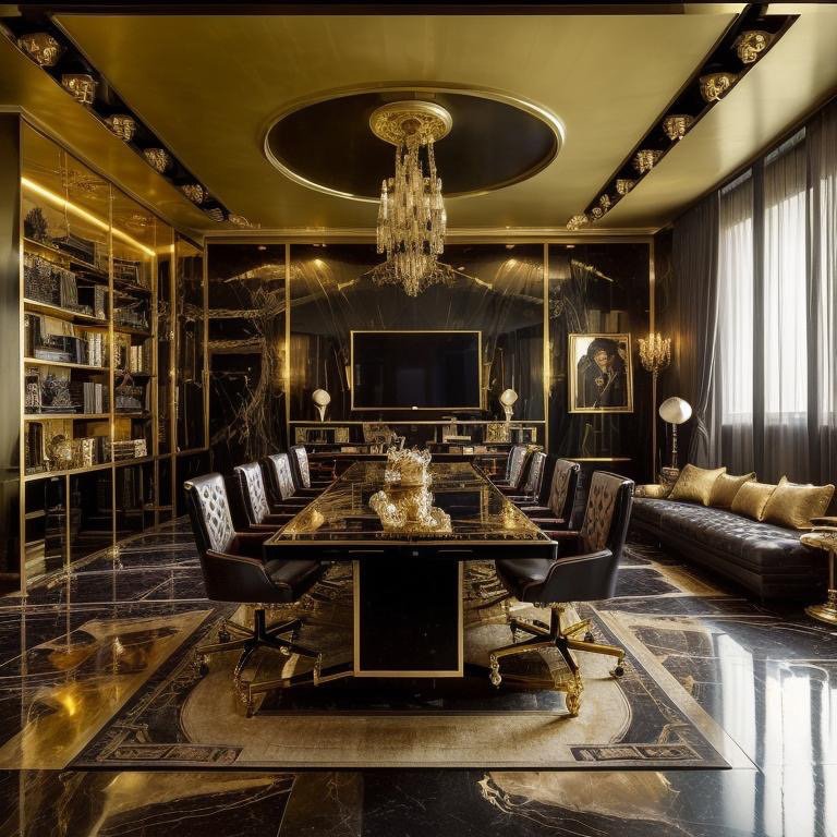 Hollywood Regency boardroom with gilded surfaces, dramatic lighting, and mirrored walls