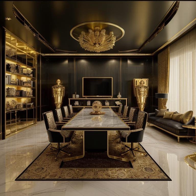 Hollywood Regency with dramatic theatrical lighting and golden surfaces