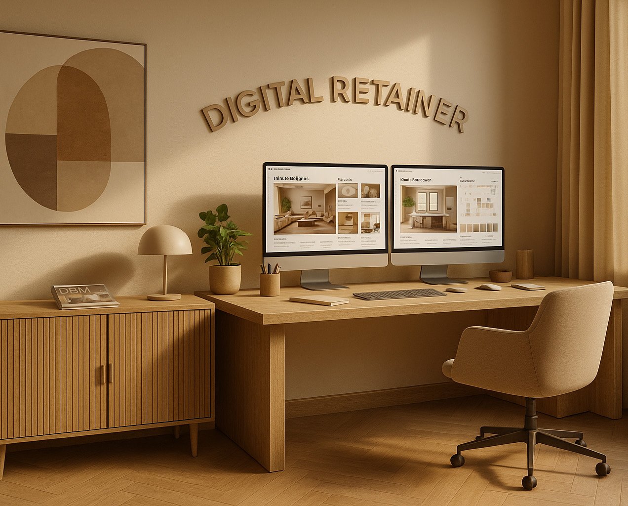 Digital Retainer workspace showing monitors with design concepts and rendering tools