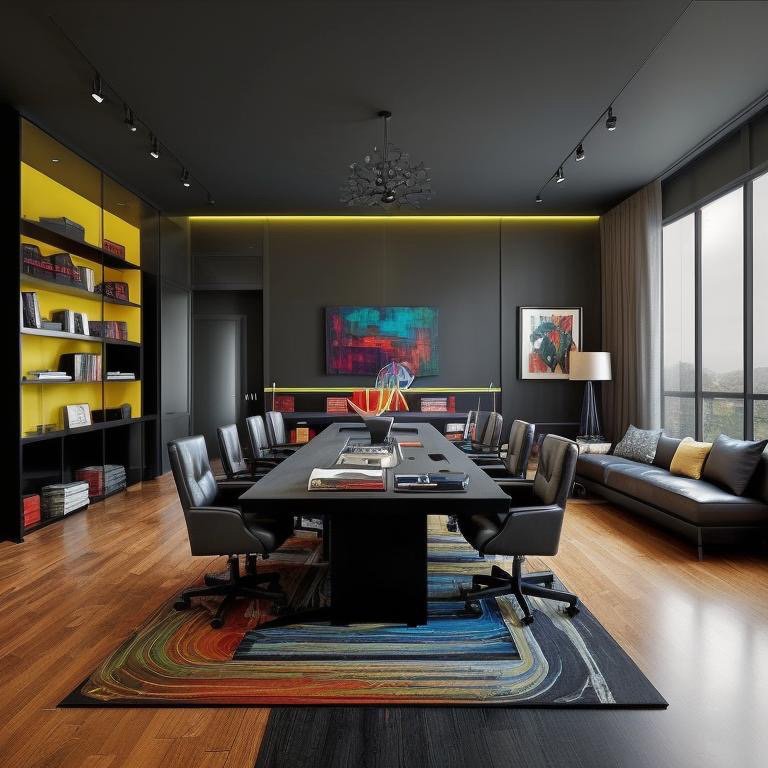 Expressionist boardroom with bold neon yellow walls and abstract art