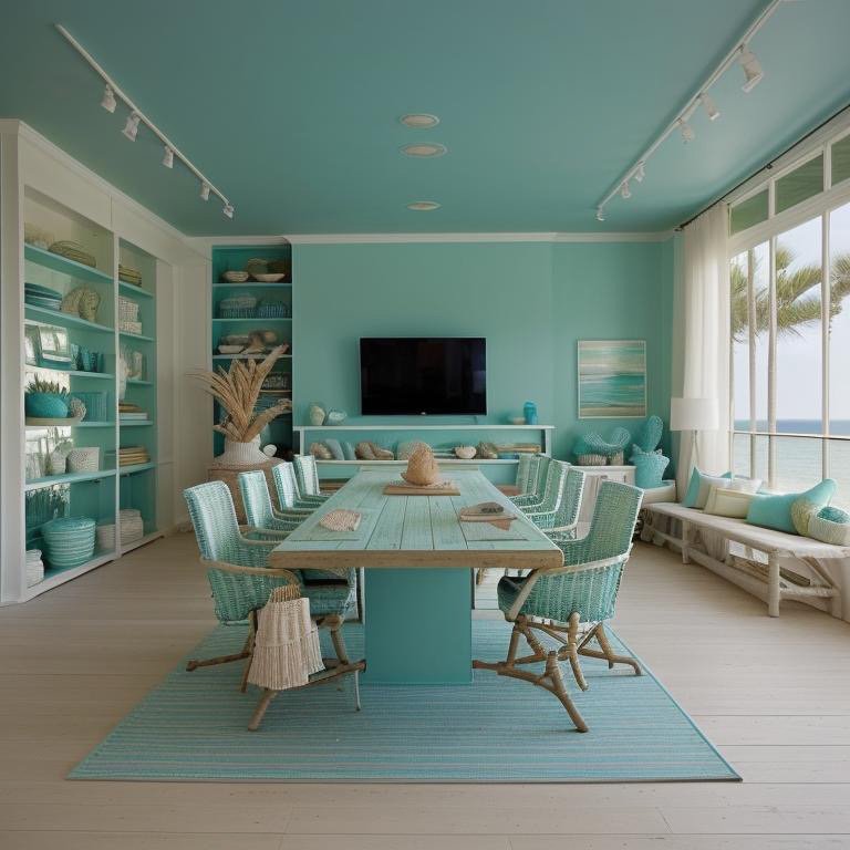 Coastal boardroom with teal and mint palette, airy proportions, matte textures