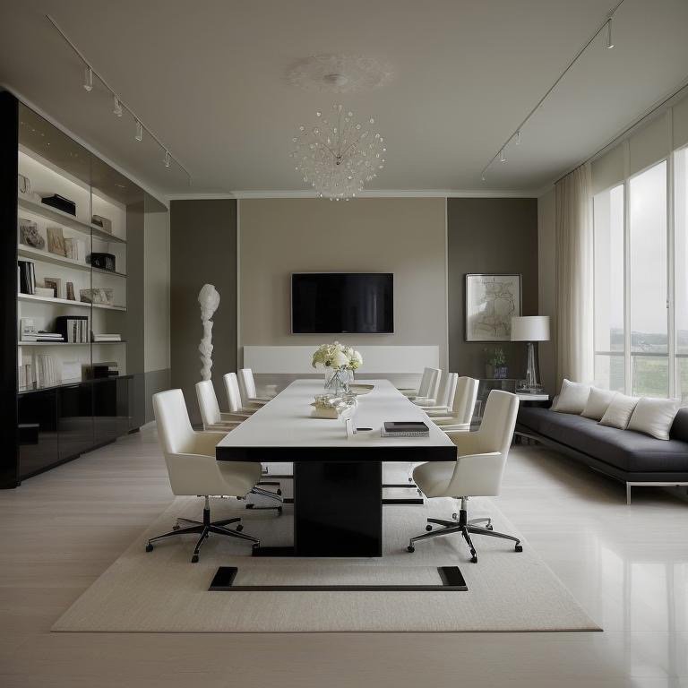 Chic Contemporary boardroom with clean white and grey palette, precise geometry