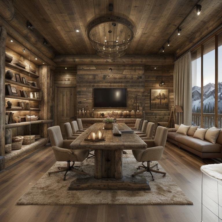 Chalet boardroom with dark timber ceiling, warm light cones, intimate warmth
