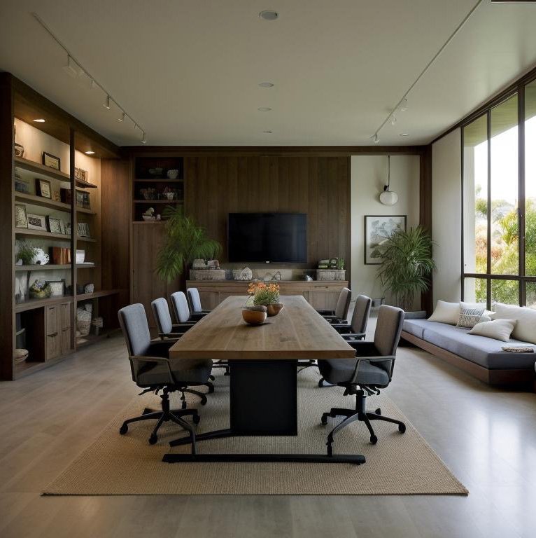 Boardroom with warm earth tones, colorful pattern accent, and curated spatial harmony