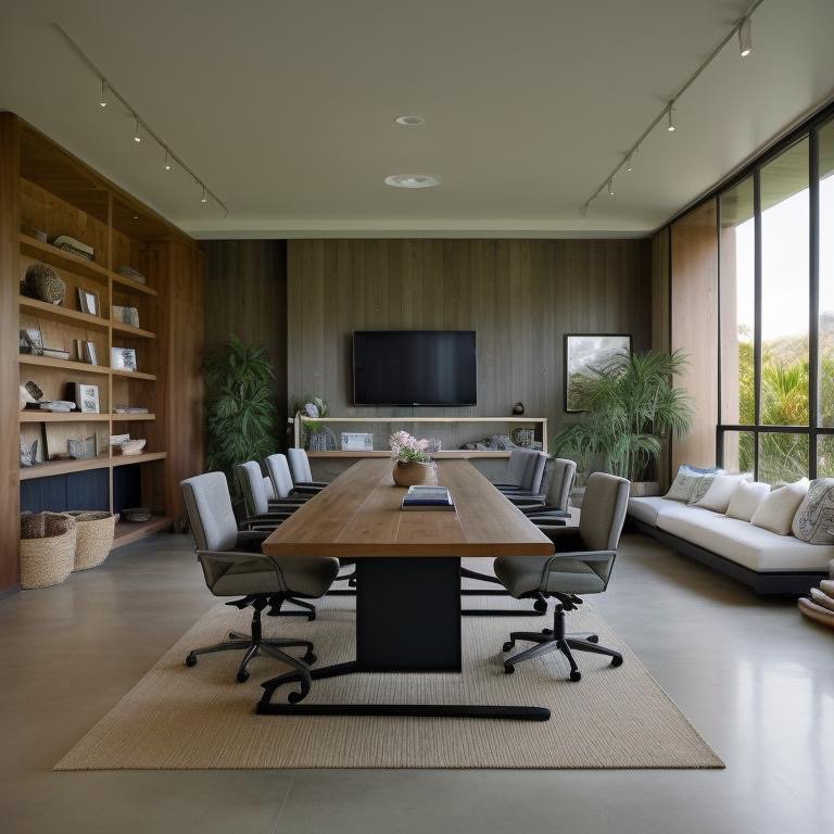 California Casual boardroom with warm earth tones, green plants, relaxed sophistication