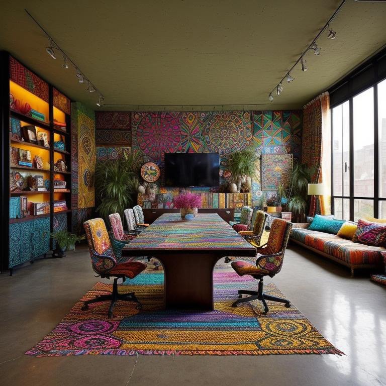 Bohemian boardroom with rich jewel tones, curated patterns, textiles, and layered depth