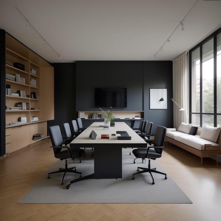 Bauhaus boardroom with clean geometry, monochrome palette, mathematical discipline